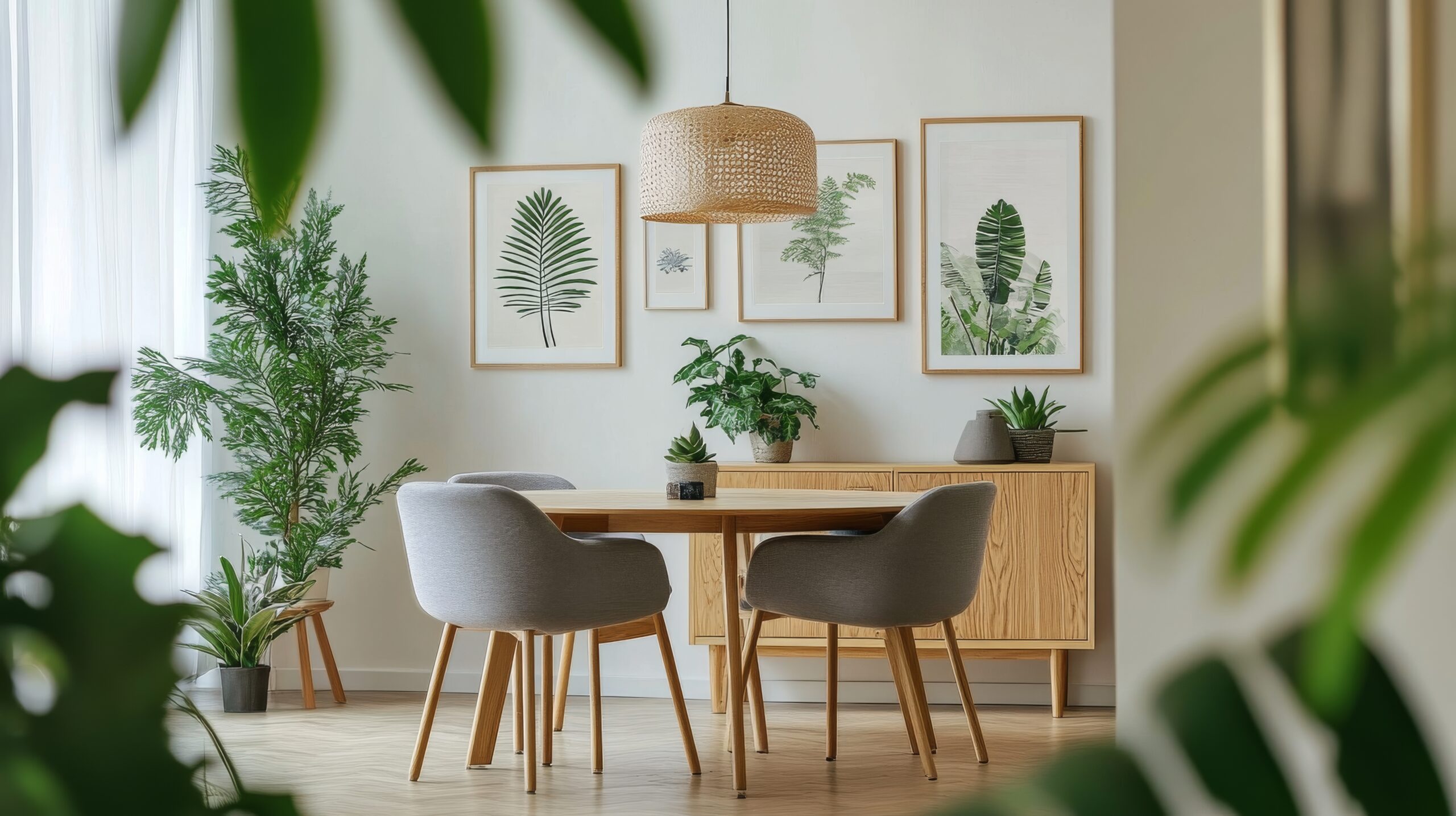 Elegant dining room with modern decor and indoor plants during daylight Bright dining area featuring a simple wooden table surrounded by soft chairs, adorned with greenery and wall art, illuminated by natural light.